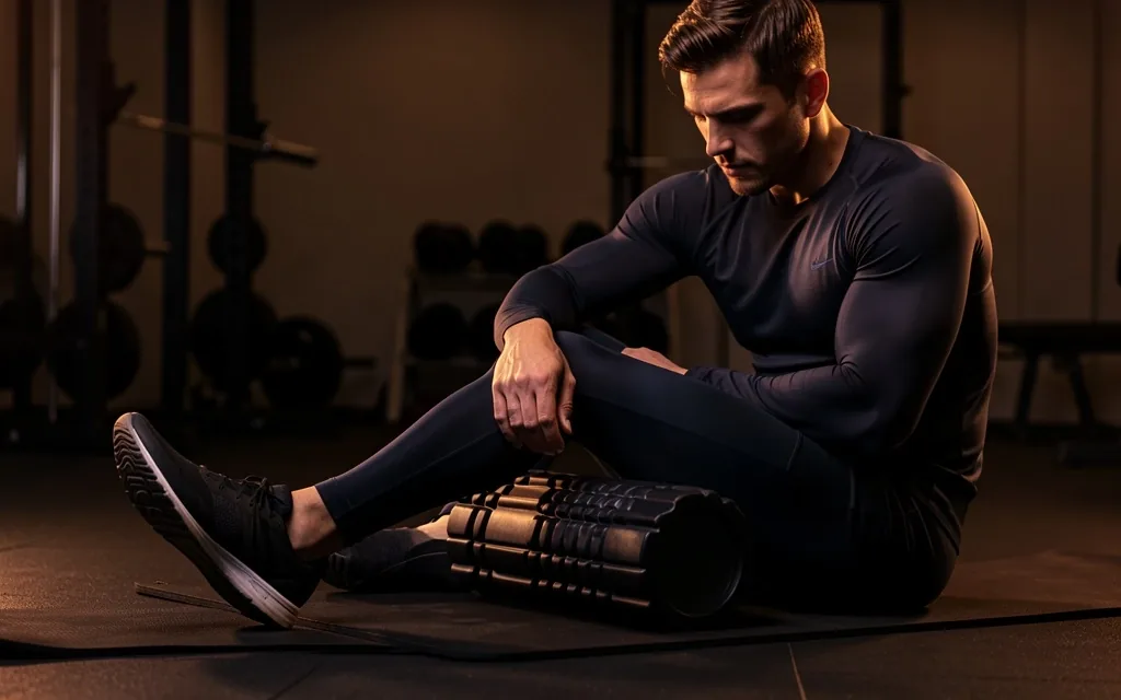 Runner using long foam roller on calf
