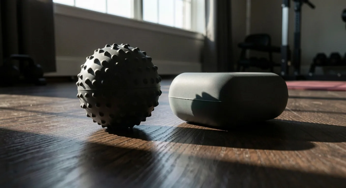Foam roller on a yoga mat in dramatic lighting