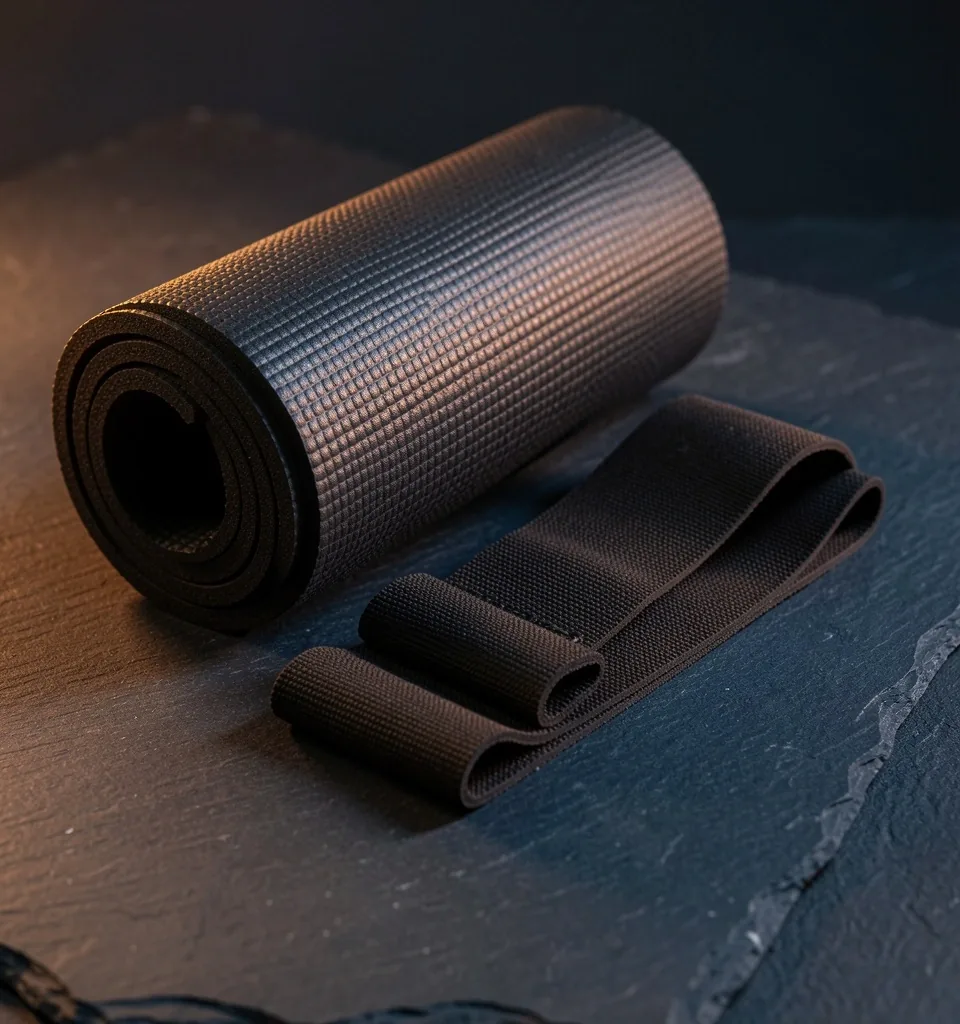 Yoga mat and resistance bands on a dark surface